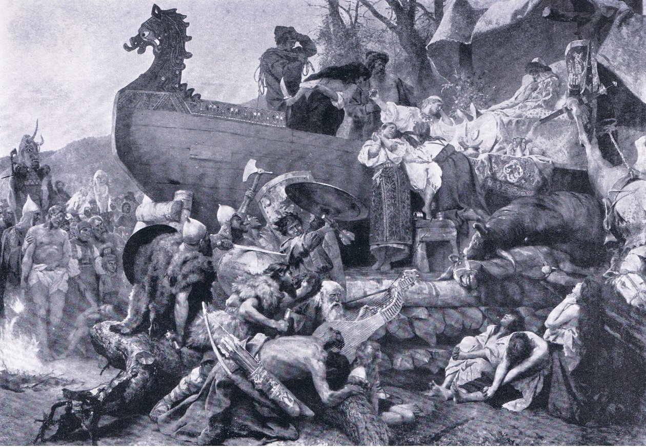俄罗斯东部一位酋长的火葬 - 10 世纪，来自 Gresham Publishing Co 出版的 Landmarks in European History 的插图，约 1920 年（石版印刷） 作者 亨里克·谢米拉兹基