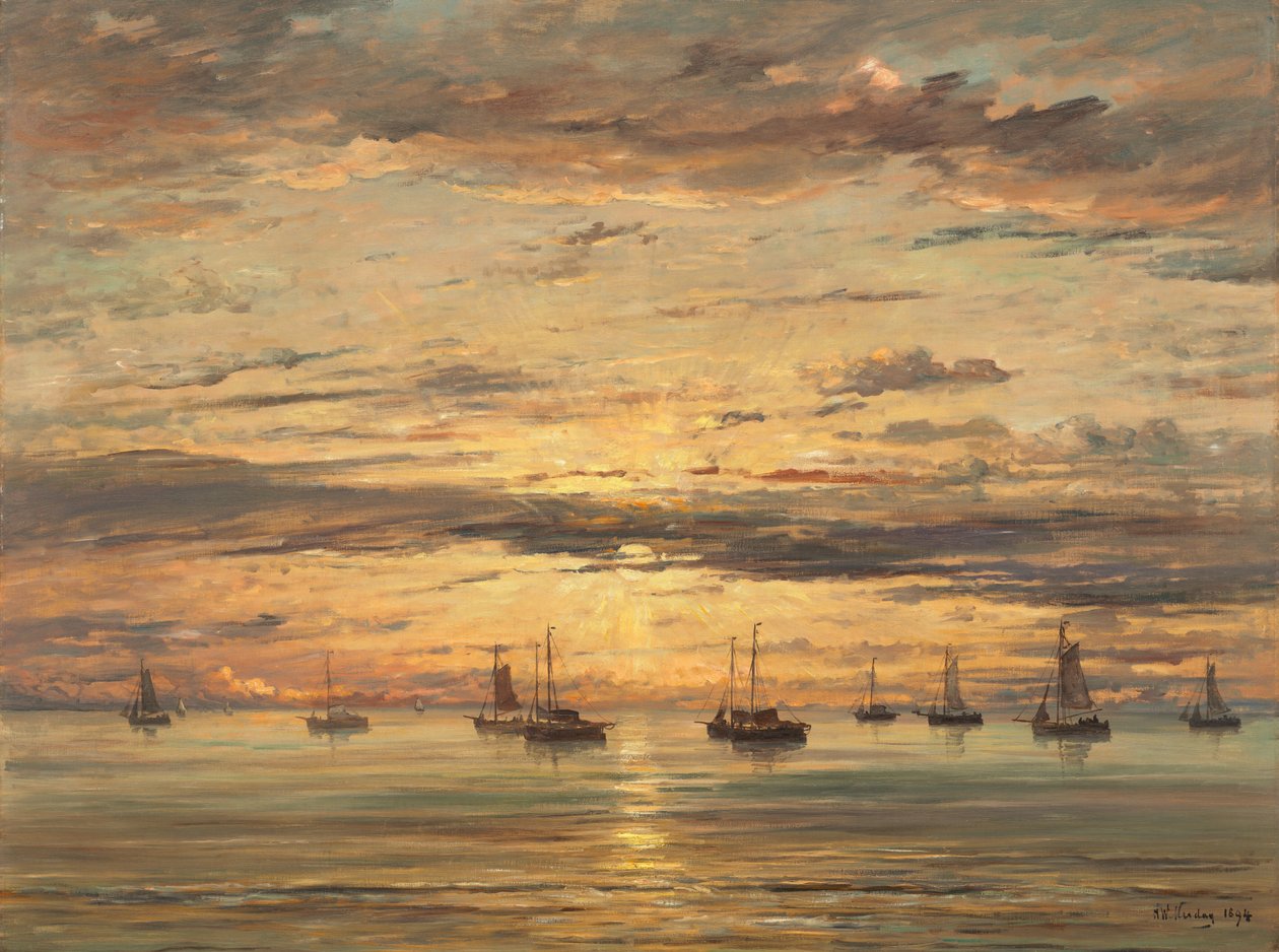 谢维宁根的夕阳：停泊的渔船队，1894年。 作者 亨德里克·威廉·梅斯达格