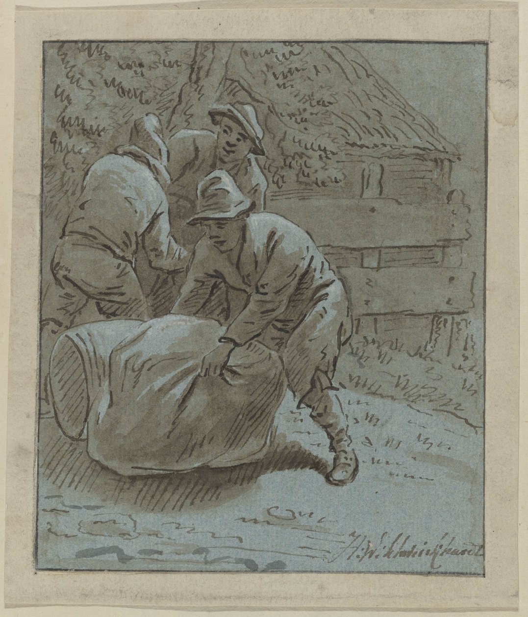 风景中的三个人，靠近一个躺着的木桶和一个麻袋 作者 Hendrik Willem Schweickhardt（艺术家签名）