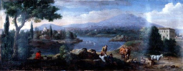 意大利风格的风景画，有牛群在休息 作者 Hendrik van (studio of) Lint