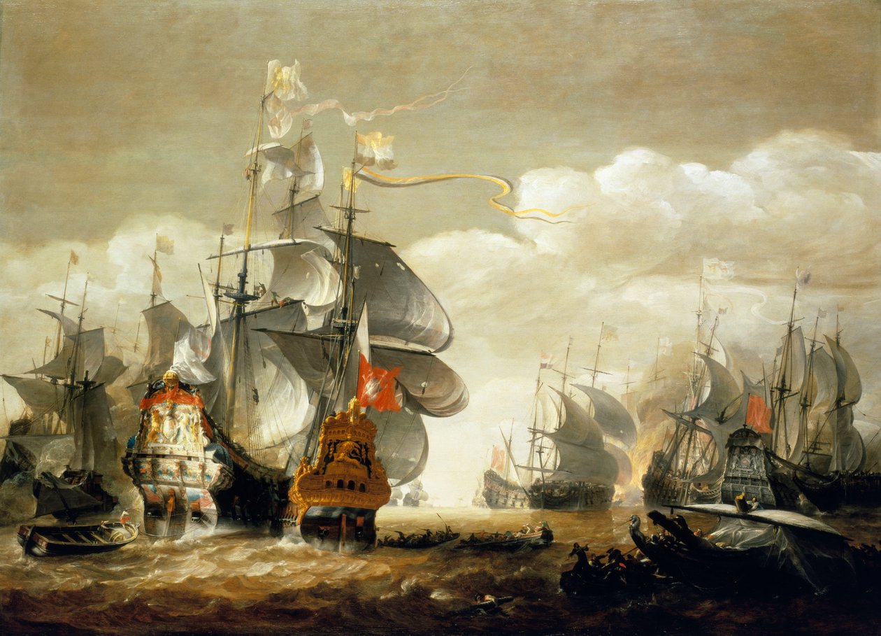 洛斯托夫特战役，1665 年 6 月 3 日，展示 HMS "皇家查尔斯 "号和 "Eendracht "号，17 世纪中叶（木板油彩） 作者 亨德里克·范·明德豪特