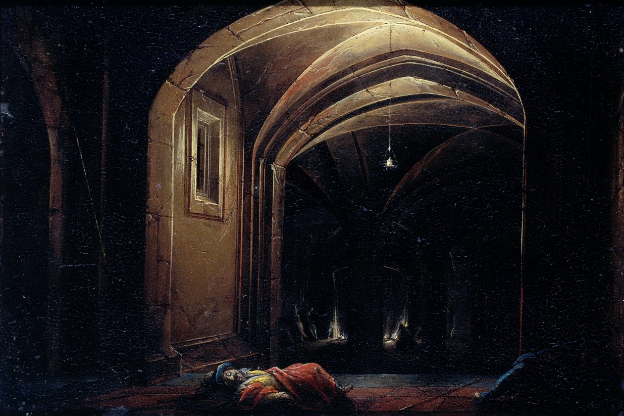 男人睡在有灯光拱门的房间里 作者 Hendrik van Steenwijck (I) (可能)