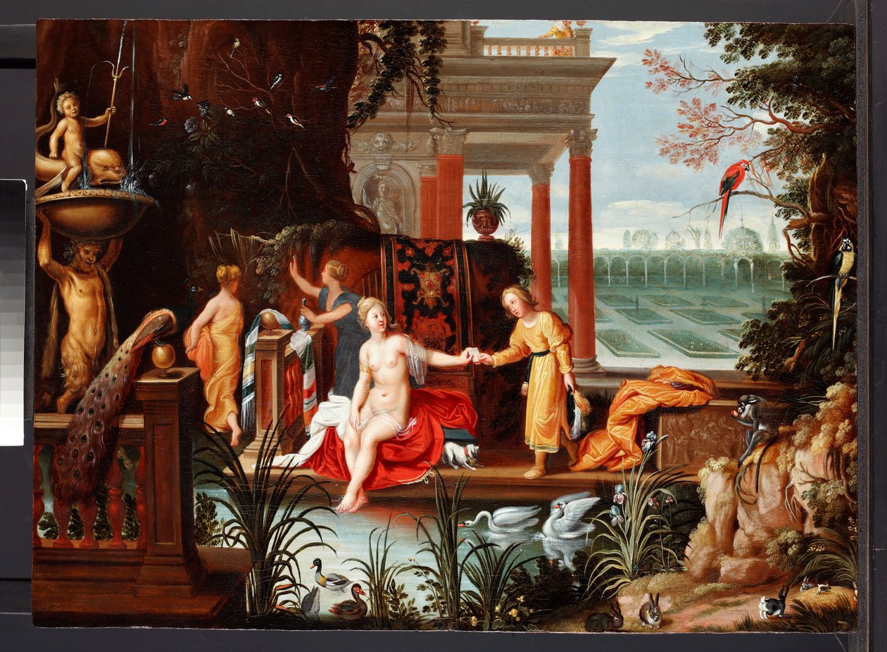 池边的拔示巴和她的随从，约 1600-42 年（油画板） 作者 Hendrik van the Elder（巴伦的圈子）