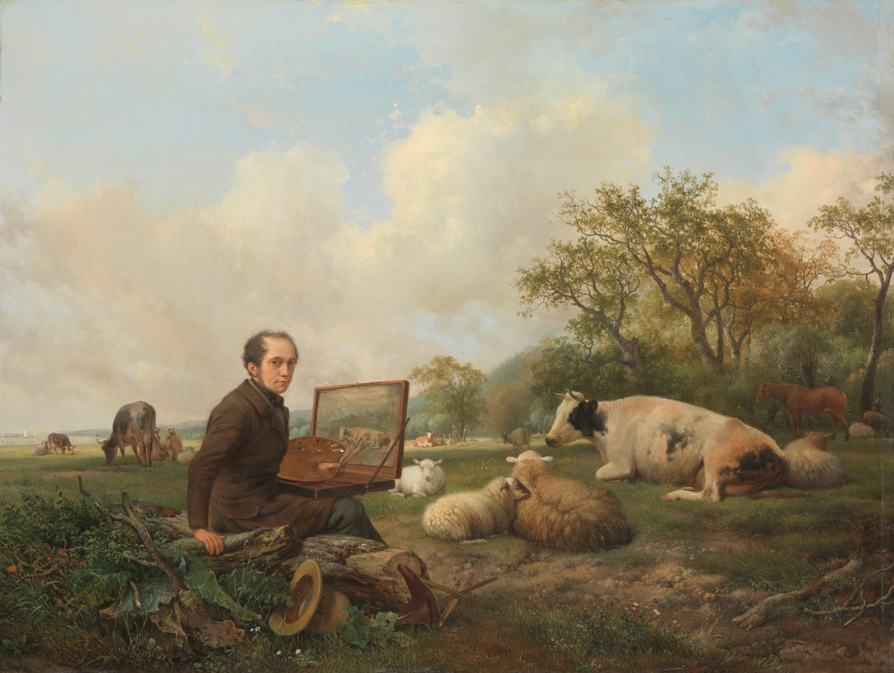 画家在草地上画牛 作者 Hendrikus van de Sande Bakhuyzen（艺术家签名）