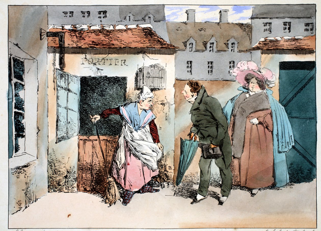 The Grocer and the Portiere，c.1828（手工彩色光刻） 作者 亨利·邦纳维特·蒙尼尔