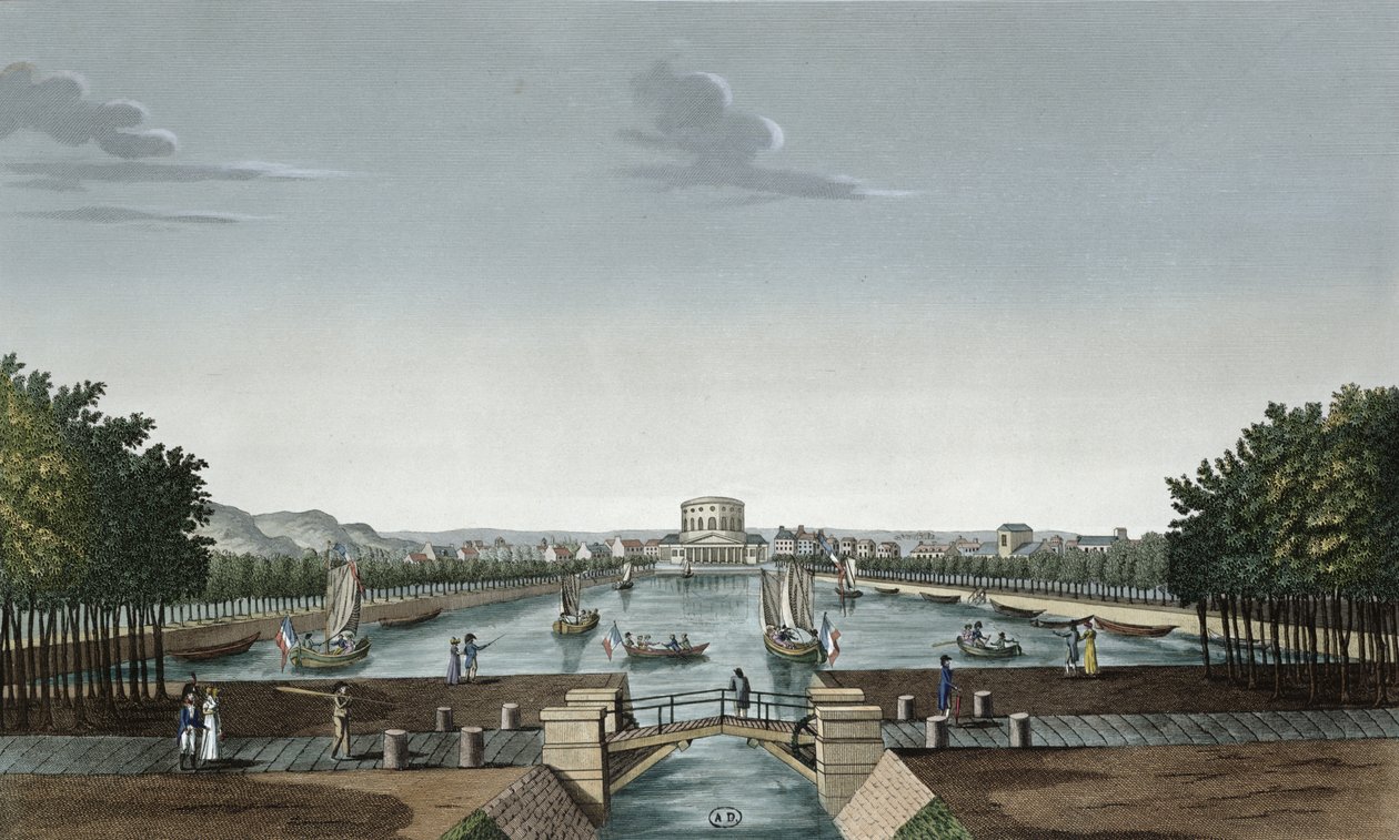 La Villette的Ourq运河的Bassin，18.15-20（彩色雕刻） 作者 亨利·库沃西耶·沃辛（Henri Courvoisier-Voisin）