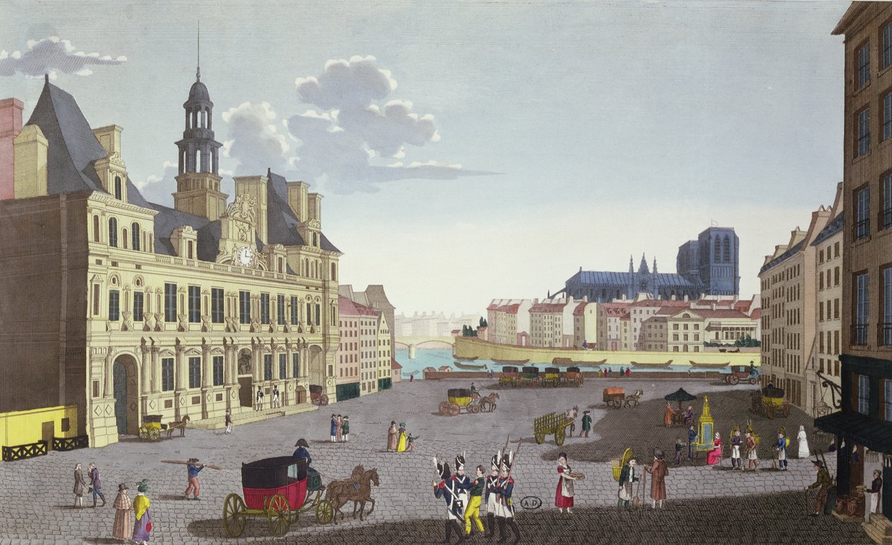 从Guiguet雕刻的Rue du Mouton看到的Place de l&39;Hotel de Ville广场，18.15-20 作者 亨利·库沃西耶·沃辛（Henri Courvoisier-Voisin）