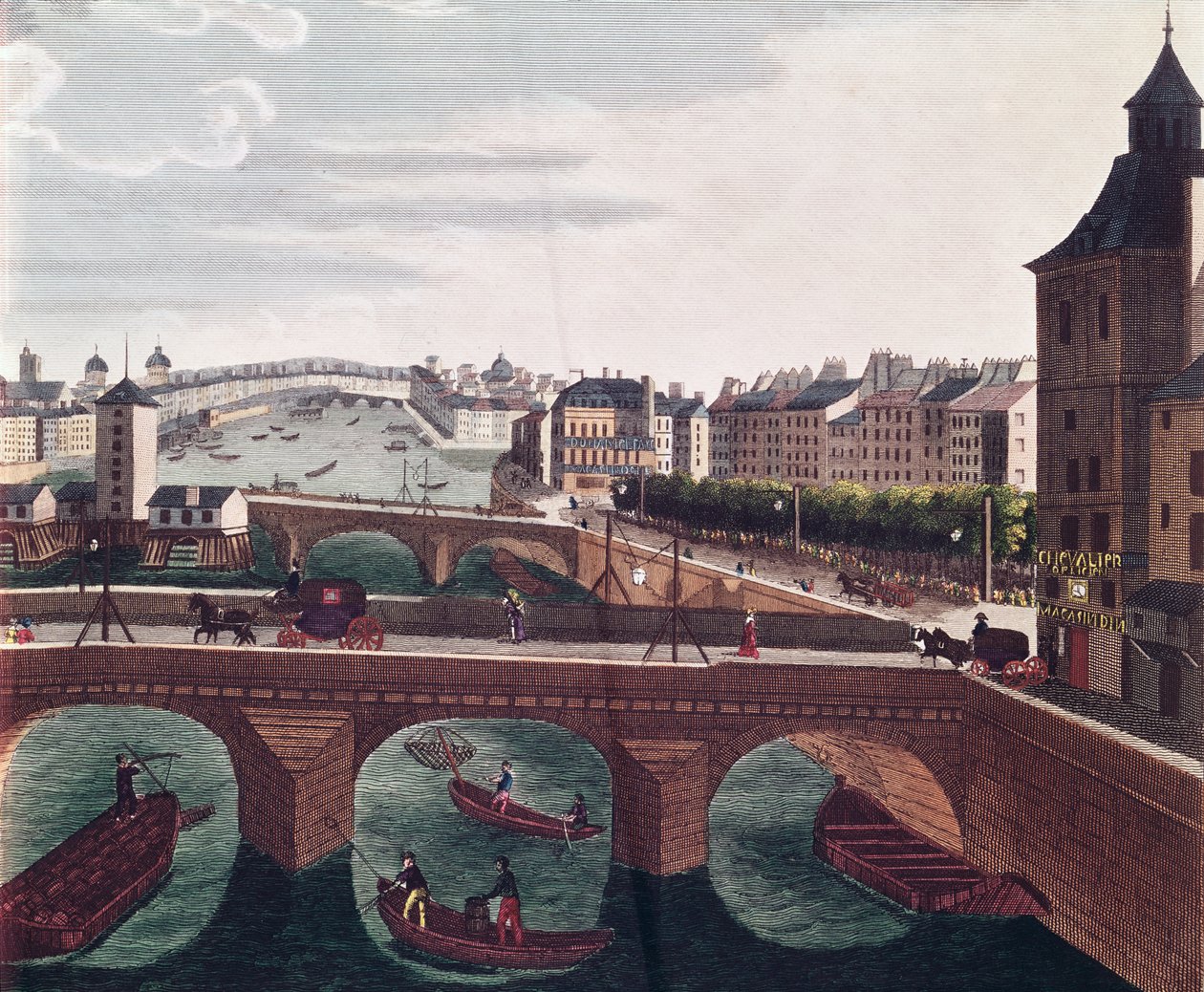 Pont au Change和Pont Notre Dame，c.1815-20彩色雕刻细节220485 作者 亨利·库沃西耶·沃辛（Henri Courvoisier-Voisin）