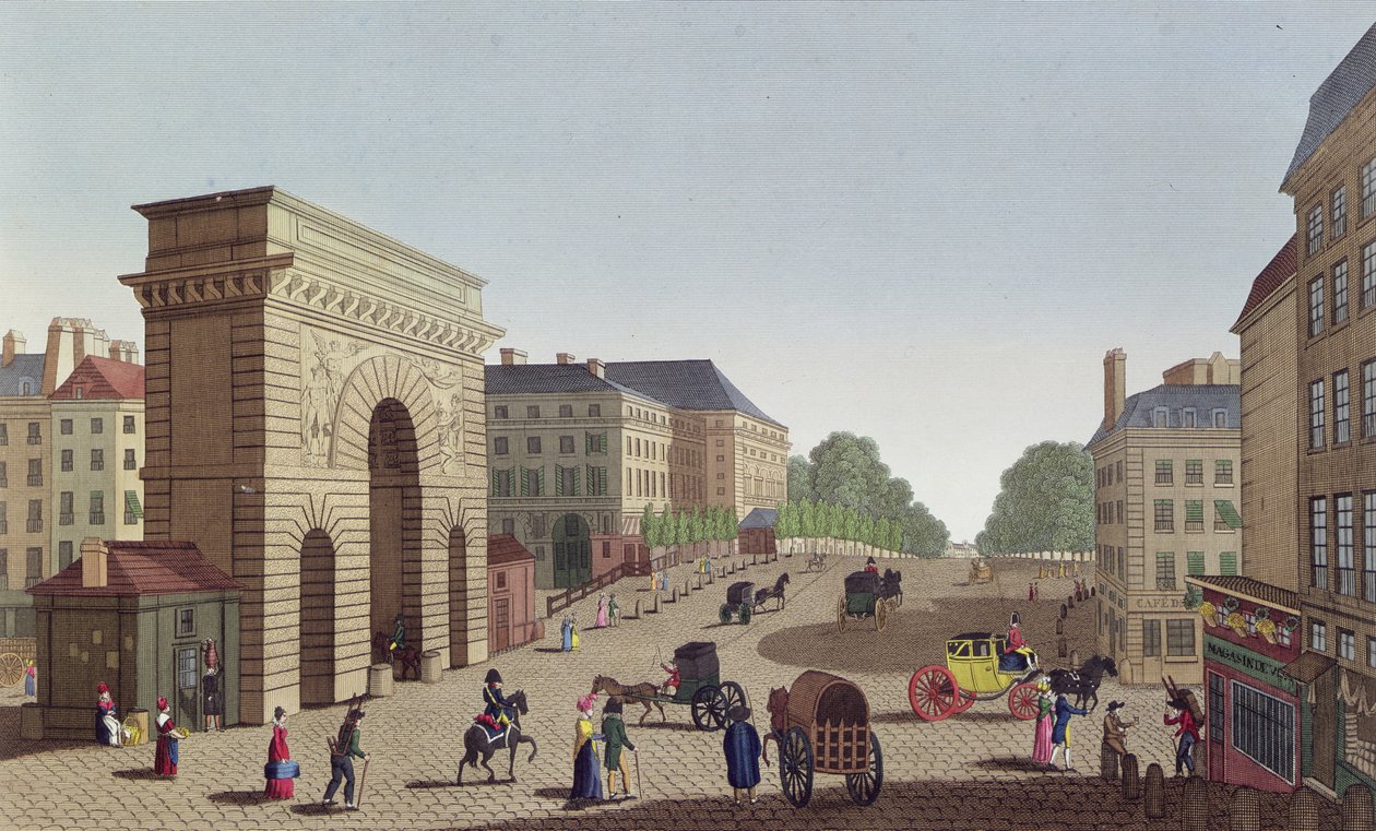 The Porte Saint Martin，电话：1815-20（彩色版画） 作者 亨利·库沃西耶·沃辛（Henri Courvoisier-Voisin）