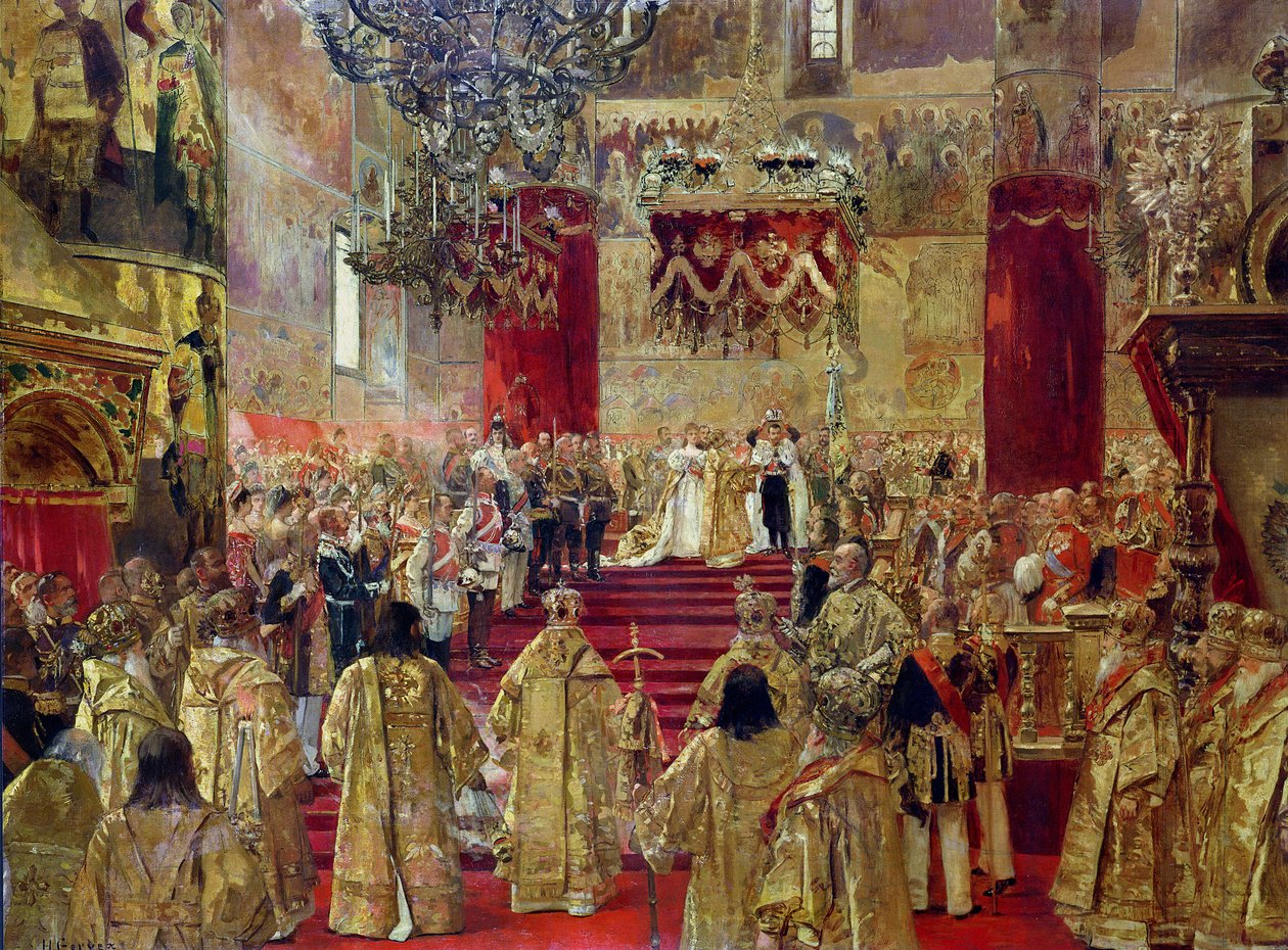 沙皇尼古拉二世（1868-1918）和Tsarina Alexandra（1872-1918）加冕仪式于1896年5月14日在莫斯科圣母升天教堂举行 作者 亨利·格维克斯