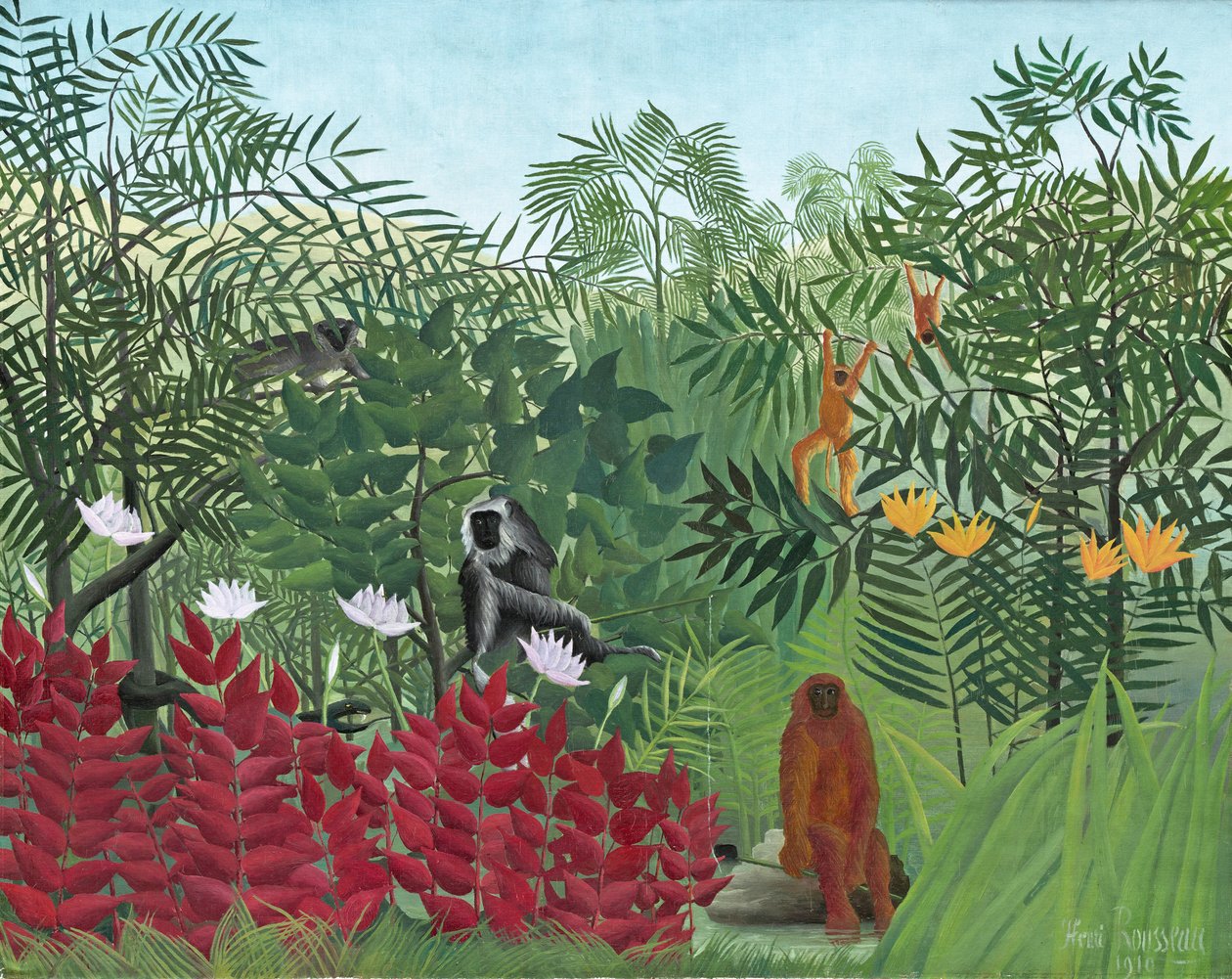 热带森林与猴子，1910年 作者 亨利·卢梭
