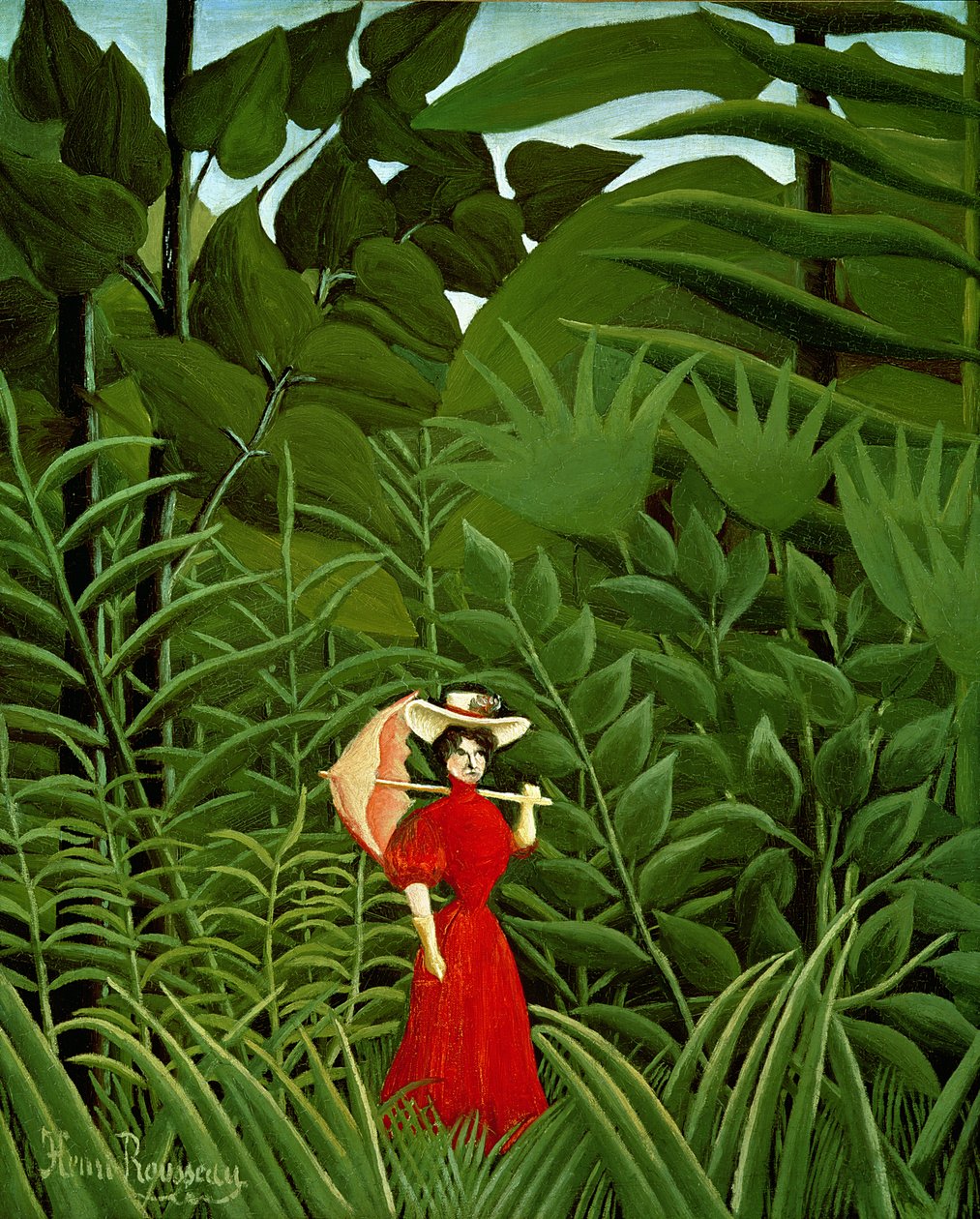 红色的妇女在森林里，c.1907 作者 亨利·卢梭