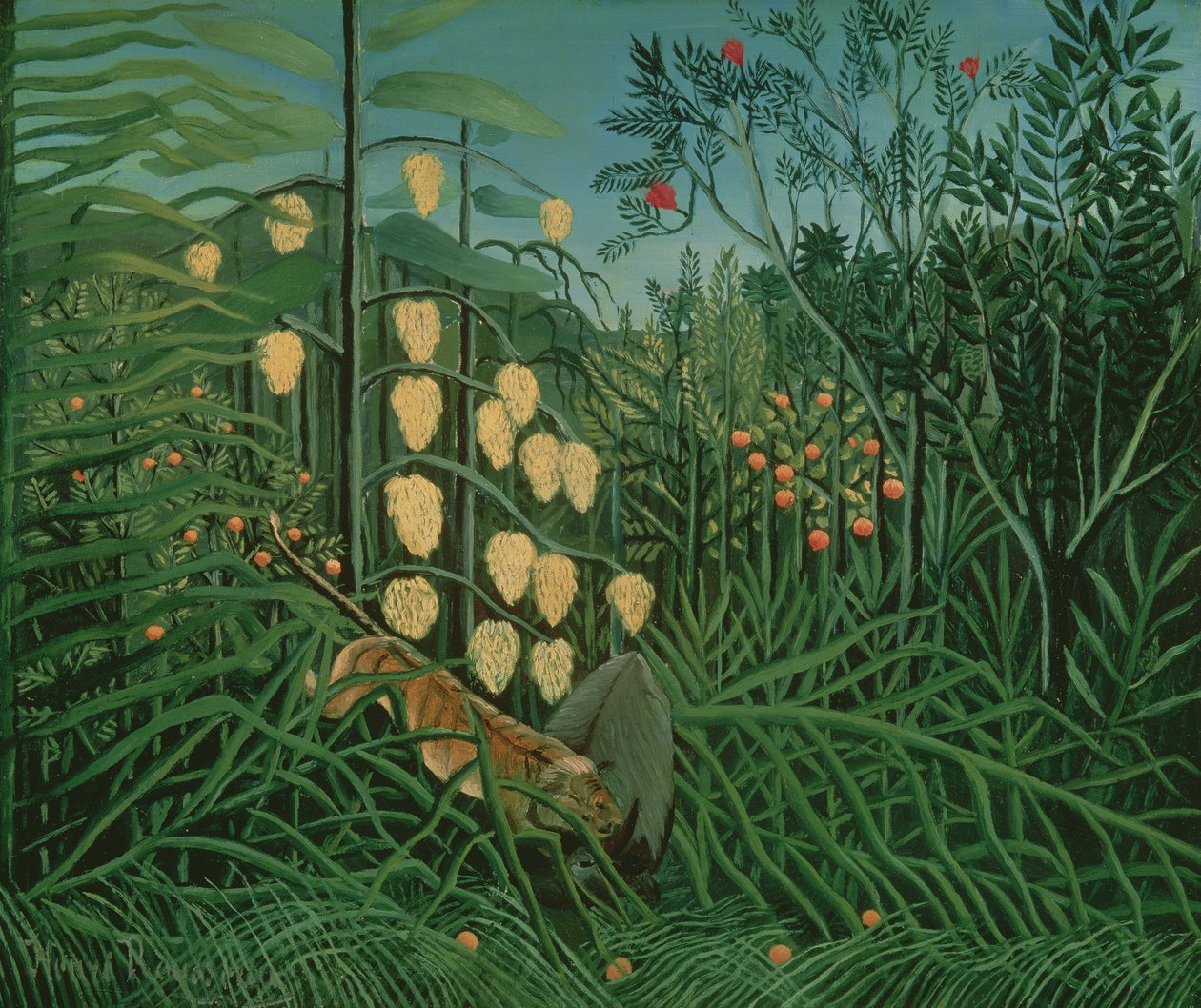 热带森林：与老虎和布法罗作战，1908年 作者 亨利·卢梭