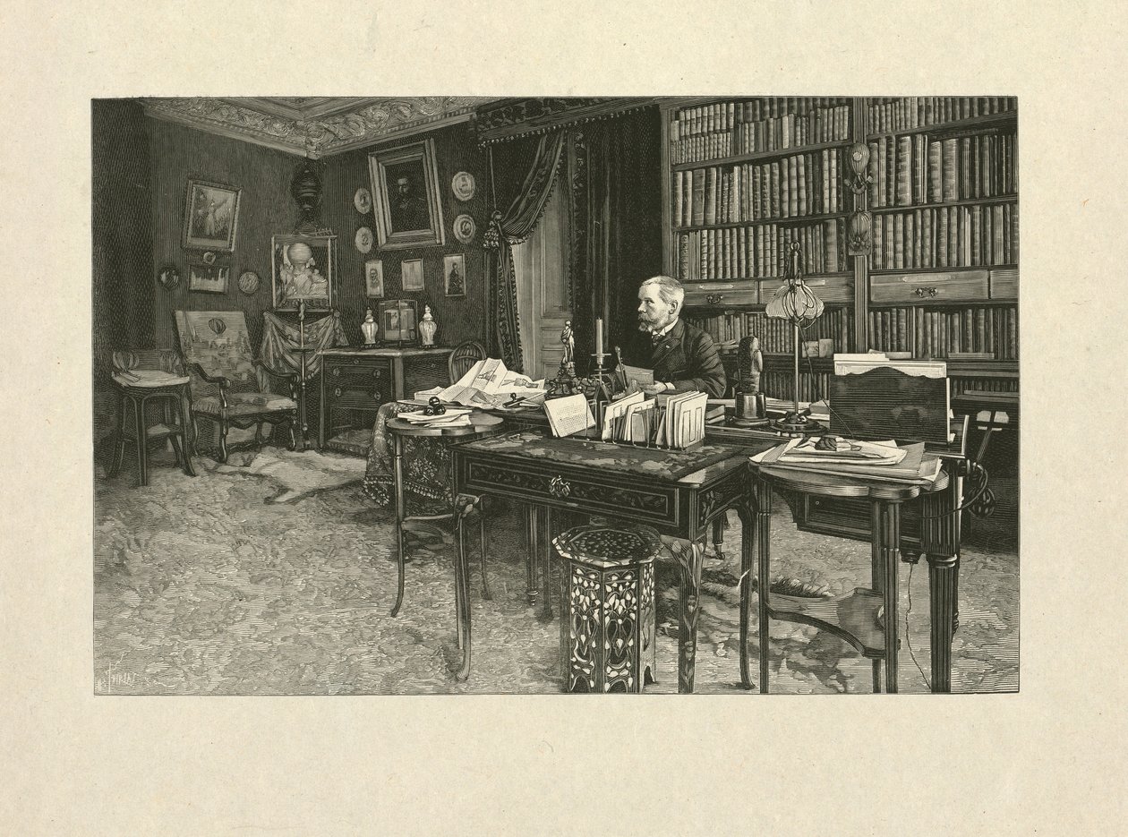 Gaston Tissandier，法国气球派，坐在他的书房里，1880年至1900年（木版画） 作者 亨利·提里亚特