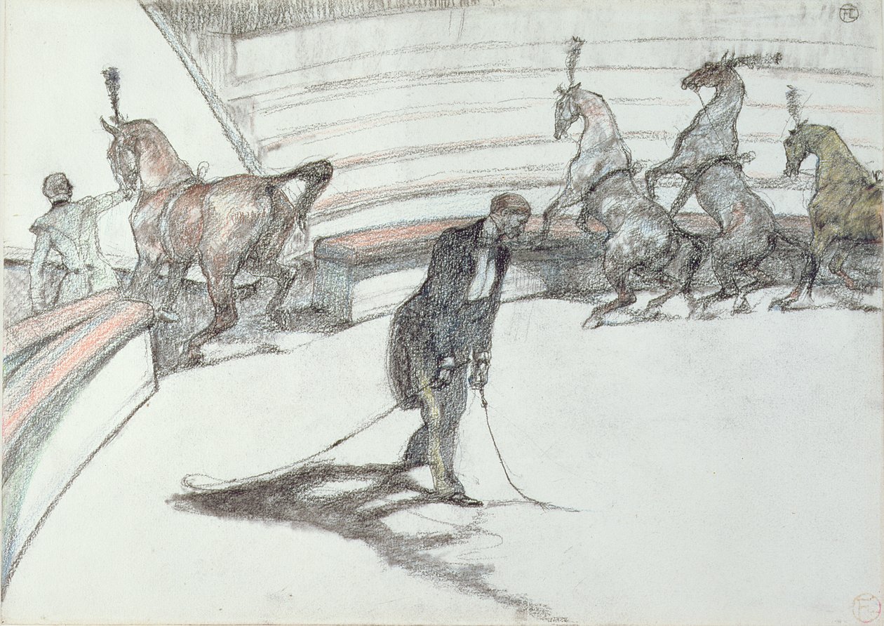 马戏团：自由中的马，1899年（黑色和彩色铅笔在纸上） 作者 亨利·德·图卢兹·劳特雷克