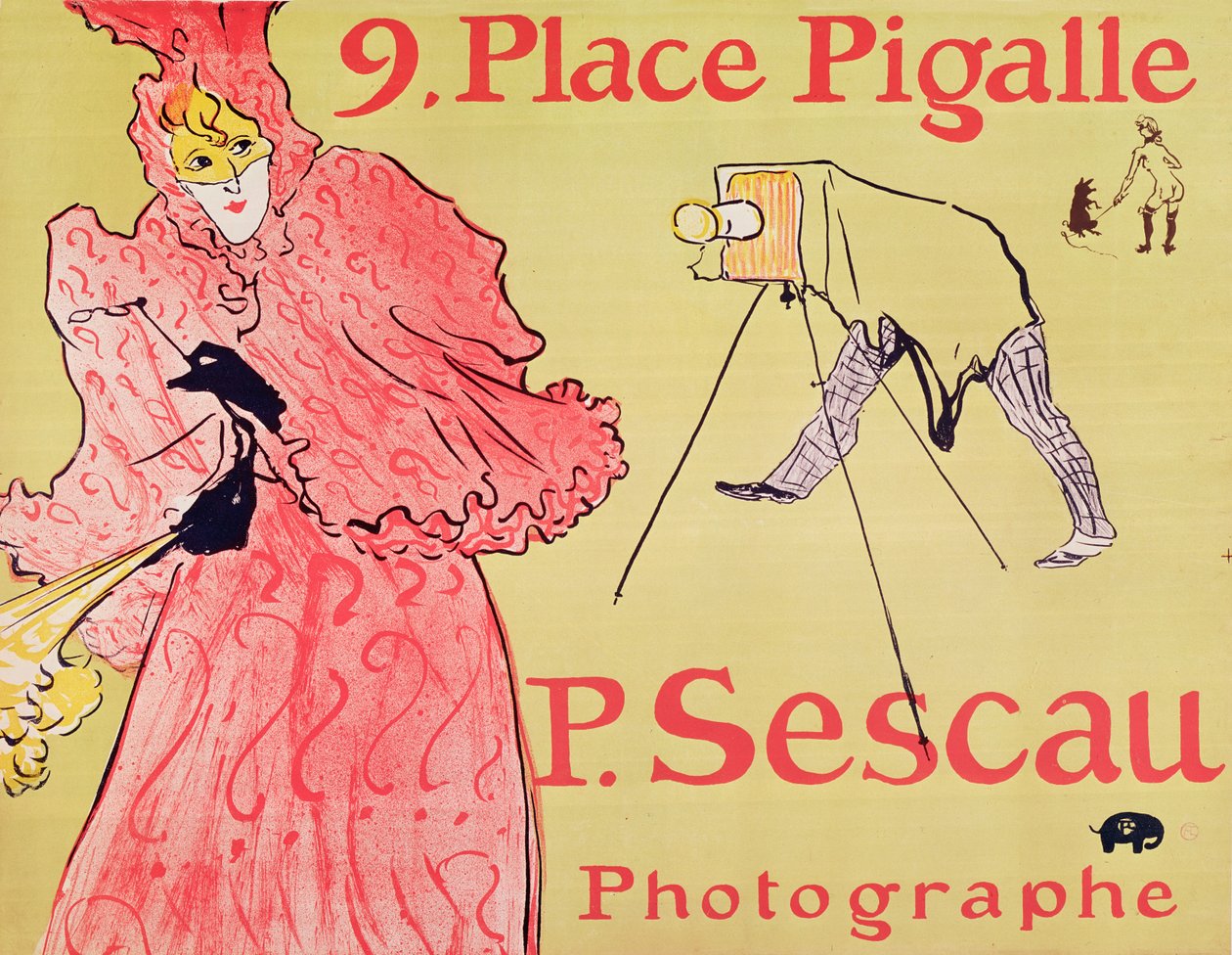 P. Sescau Photographe（海报），1894年（五色彩色印刷石版画用刷子，蜡笔和飞溅技术） 作者 亨利·德·图卢兹·劳特雷克