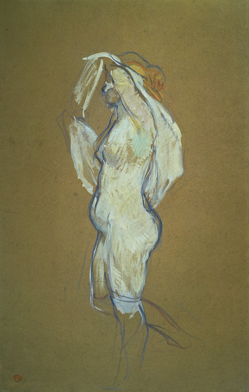 女人举起她的衬衫，1896年（纸板上的油） 作者 亨利·德·图卢兹·劳特雷克