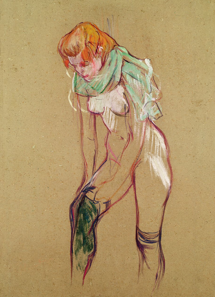 女人拉起她的袜子，1894年（油卡） 作者 亨利·德·图卢兹·劳特雷克