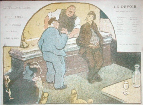 巴黎自由剧院1892-3年演出季的节目单，展示了在酒吧喝酒的男子（彩色平版印刷）。 作者 亨利·加布里埃尔·伊贝尔斯