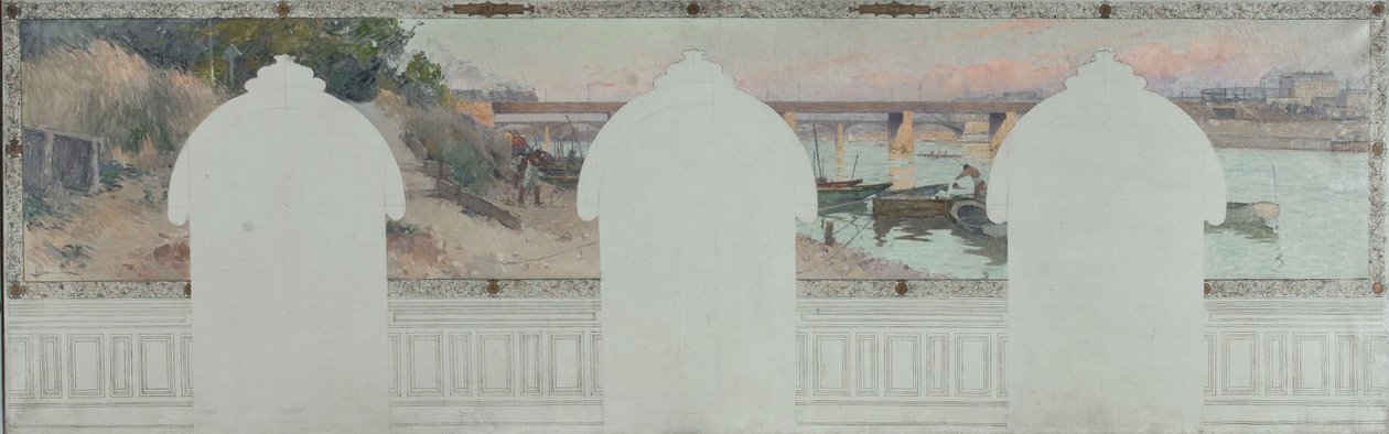 阿斯尼耶尔市政厅草图：夏天。阿斯尼亚尔的塞纳河，约 1900 年（布面油墨） 作者 亨利·加斯顿·达里安