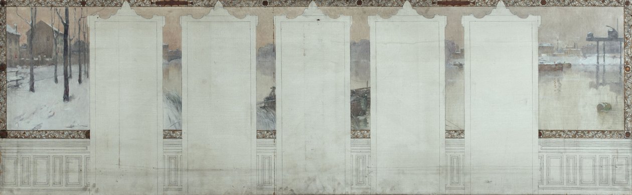 阿斯尼耶尔市政厅草图：冬季。阿斯尼耶的塞纳河，约 1900 年（布面油墨画） 作者 亨利·加斯顿·达里安