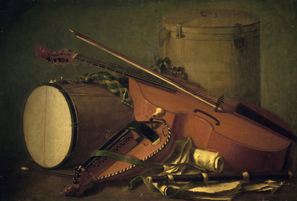 Musical instruments, drum, violin, flute and hurdy-gurdy, by Henri Horace Roland de la Porte (1724-1793). France 作者 亨利·霍勒斯·罗兰·德拉波特