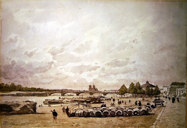 巴黎贝尔西码头（水彩）（The quai Bercy, Paris）。 作者 亨利·约瑟夫·哈皮尼