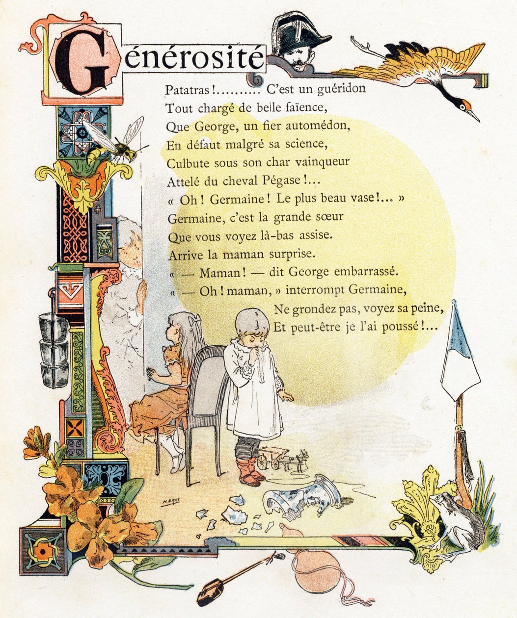 字母 G Generosite - Gendarme Grue Guepe Godets Giroflee Gourde Grenouille - Engraving in "Alphabet des bons exemples" - Jules Levy, editeur - Illustrations de Henri Boulanger, alias Henri Gray (1858-1924)。P. Boulanger 夫人的文字（诗歌） - 版画和插图。 作者 亨利（1858-1924）格雷