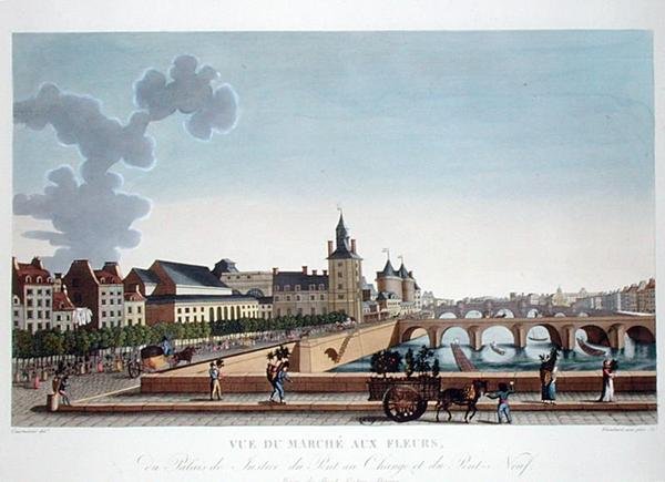 司法宫旁的花市景观，约1816-20年（彩色版画） 作者 亨利（后）Courvoisier Voisin