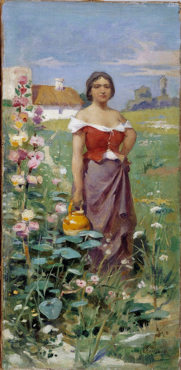 年轻女子穿着吉普赛人的衣服在田野里。 阿德里安·亨利·塔努 (Adrien Henri Tanoux)（1865-1923）20 世纪的绘画 强制提及：马赛普罗旺斯收藏基金会 作者 亨利·阿德里安·塔努克斯