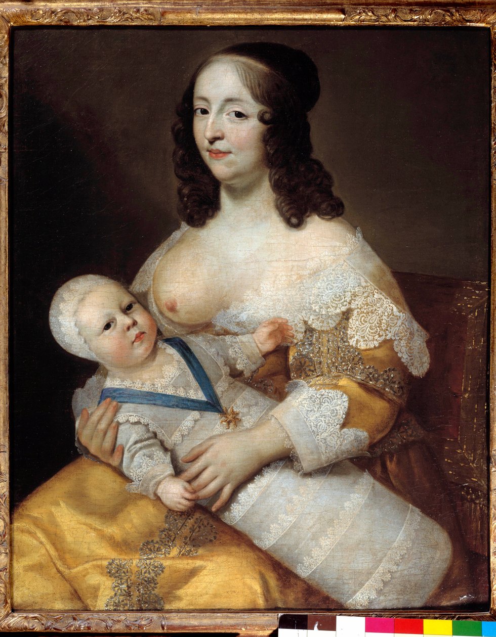 未来国王路易十四（1638-1715）婴儿的代表，穿着泳衣在他的护士 Marie de Longuet de la Giraudiere 的怀里 女人的乳房被发现并准备给孩子喂奶。 查尔斯 (1604-1692) 和亨利 (1603-1677) 的绘画 作者 亨利·博布伦