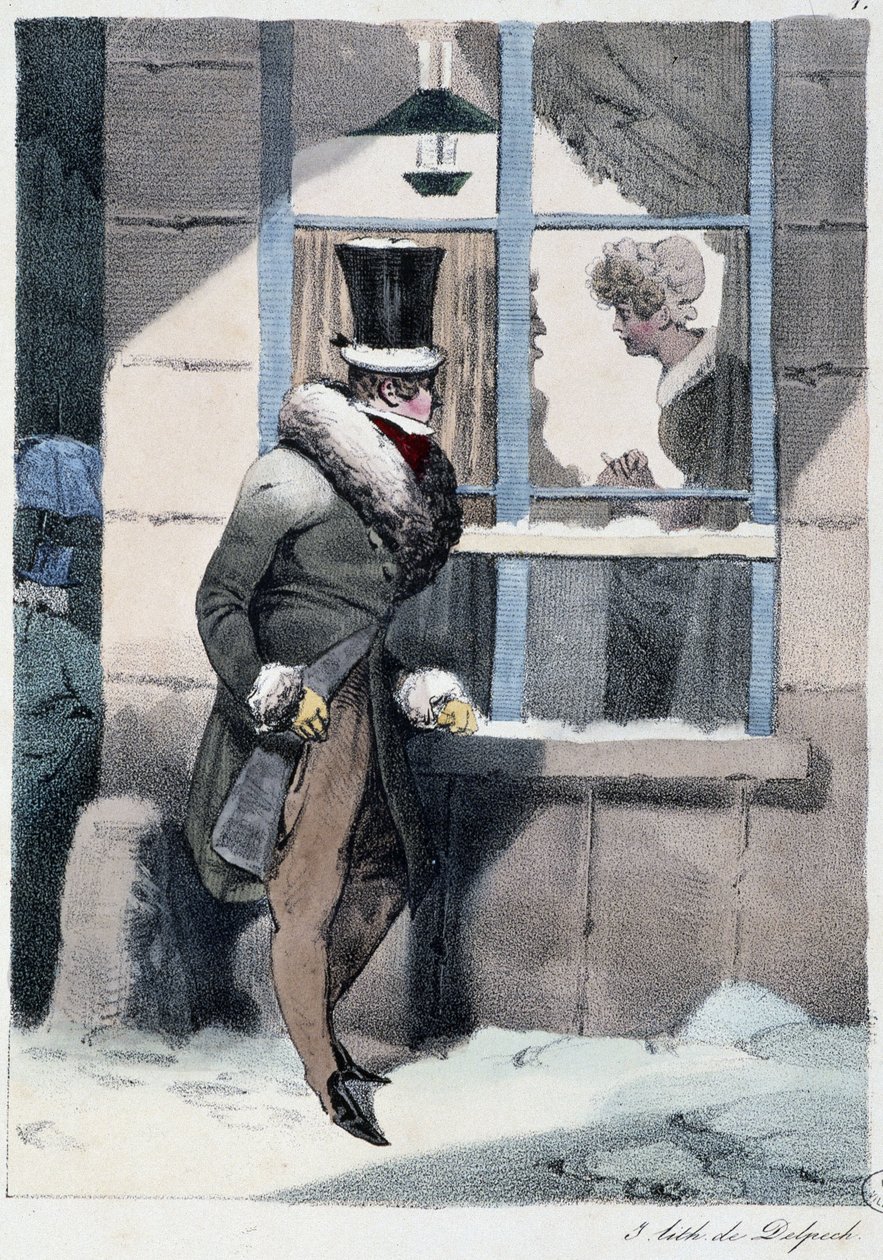Curious man looking out the window inside a house: “” Everyone takes his pleasure where he finds him”” - in “” Les pastemps”” by Henri Monnier, ed. Delpech, Paris 作者 亨利·邦纳维特·蒙尼尔