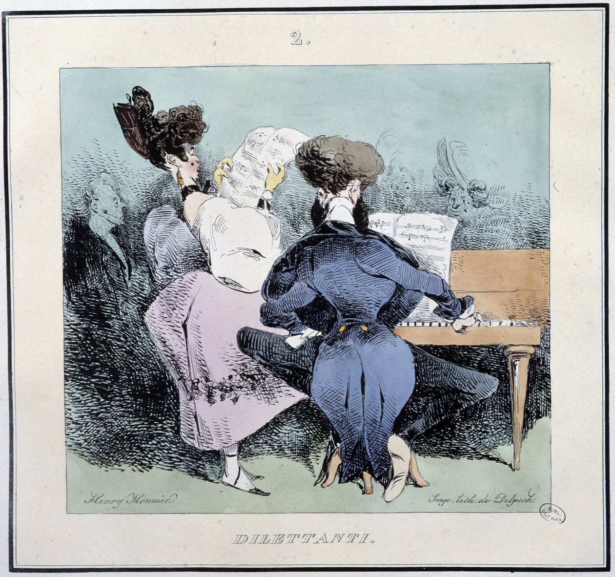 Dillettantes（唱歌和弹钢琴的年轻人） - 在 Henri Monnier 编的“”Parisian Sketches”中。 德尔佩奇, 巴黎 作者 亨利·邦纳维特·蒙尼尔