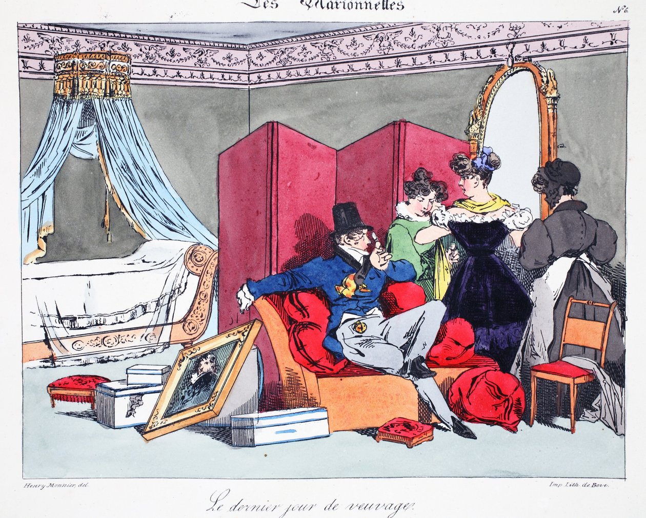 守寡的最后一天，由Henri Monnier的“The Puppets”插图，由Delpech，酒吧进行平版印刷。巴黎，c.1828（手工彩色光刻） 作者 亨利·邦纳维特·蒙尼尔