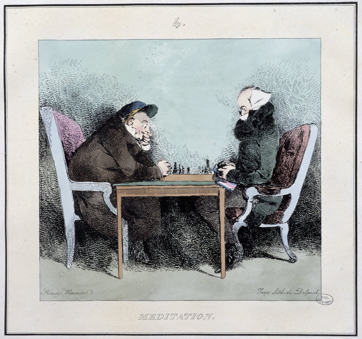 冥想：国际象棋选手 - 在 Henri Monnier 编的“Esquisses parisiennes”中。 德尔佩奇, 巴黎 作者 亨利·邦纳维特·蒙尼尔