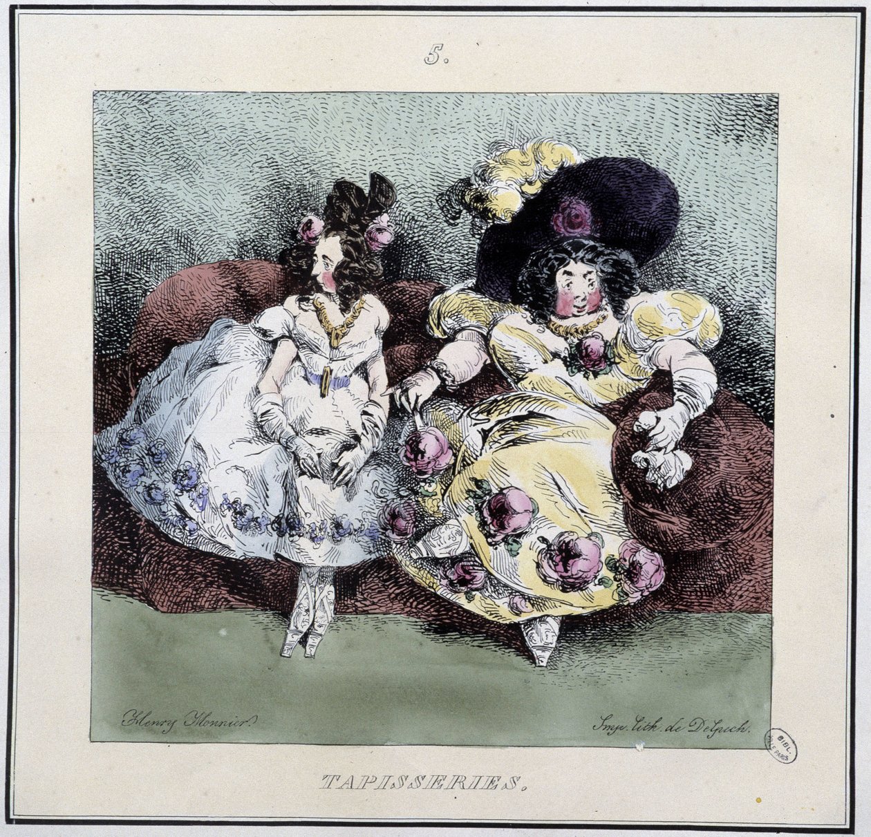 Ugly women doing “” tapestry”” sitting in a living room - in “” Parisiennes” by Henri Monnier, ed. Delpech, Paris 作者 亨利·邦纳维特·蒙尼尔