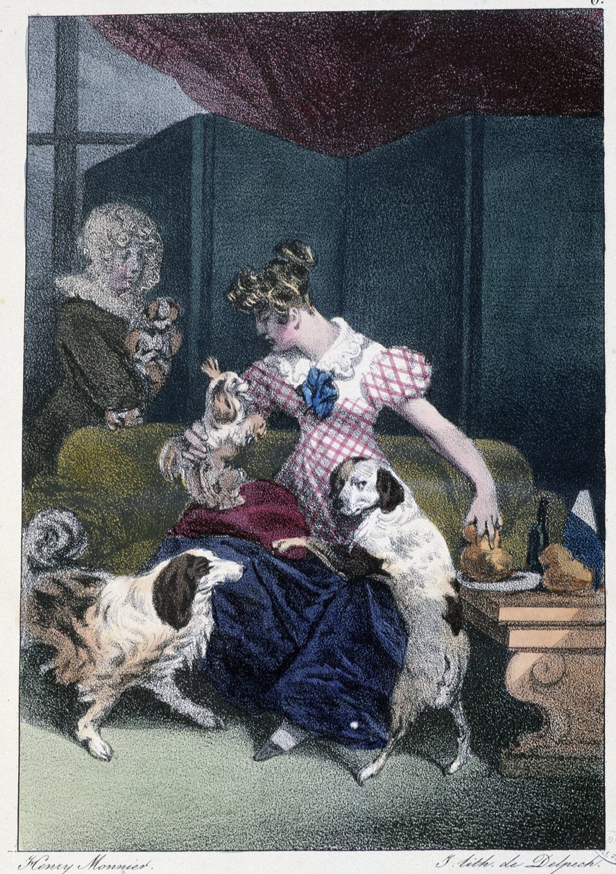 Young girl with dogs: “” Everyone takes his pleasure where he finds him”” - in “” Les pastemps”” by Henri Monnier, ed. Delpech, Paris 作者 亨利·邦纳维特·蒙尼尔