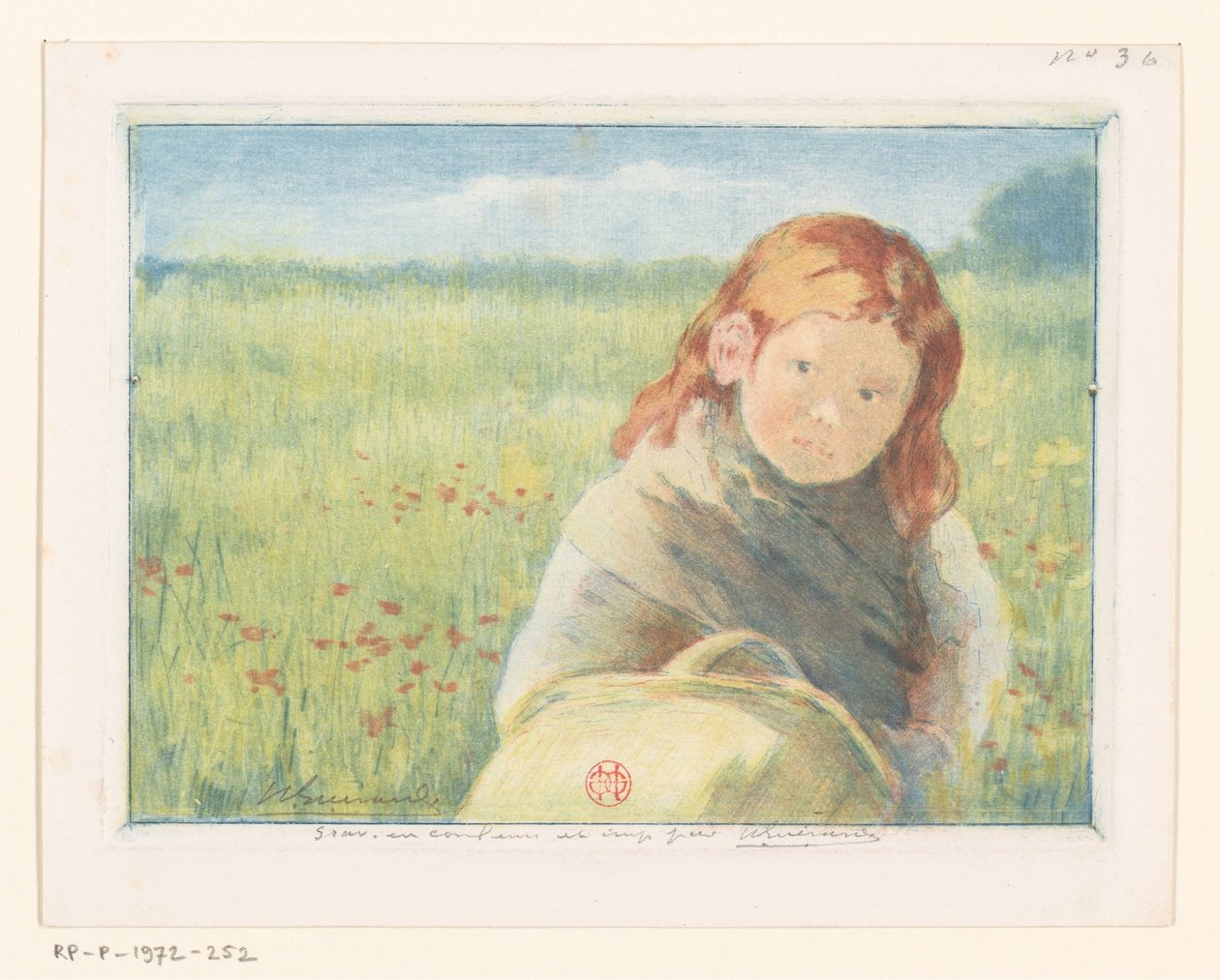 草地上提着篮子的女孩 作者 Henri Charles Guérard（艺术家签名）