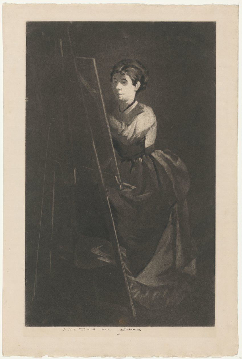 伊娃-冈萨雷斯在画架前的肖像 作者 Henri Charles Guérard（艺术家签名）