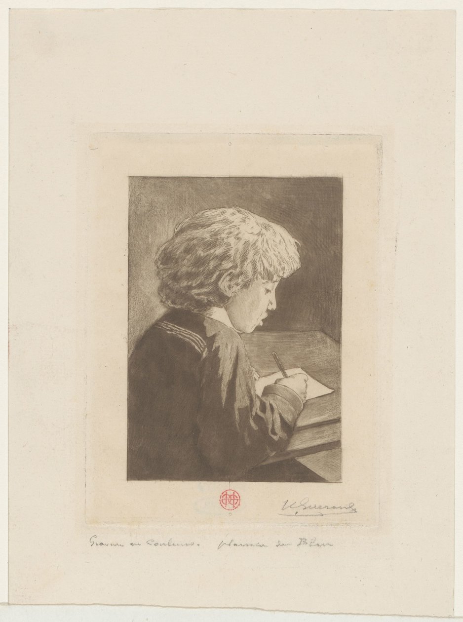 写作男孩 作者 Henri Charles Guérard（艺术家签名）