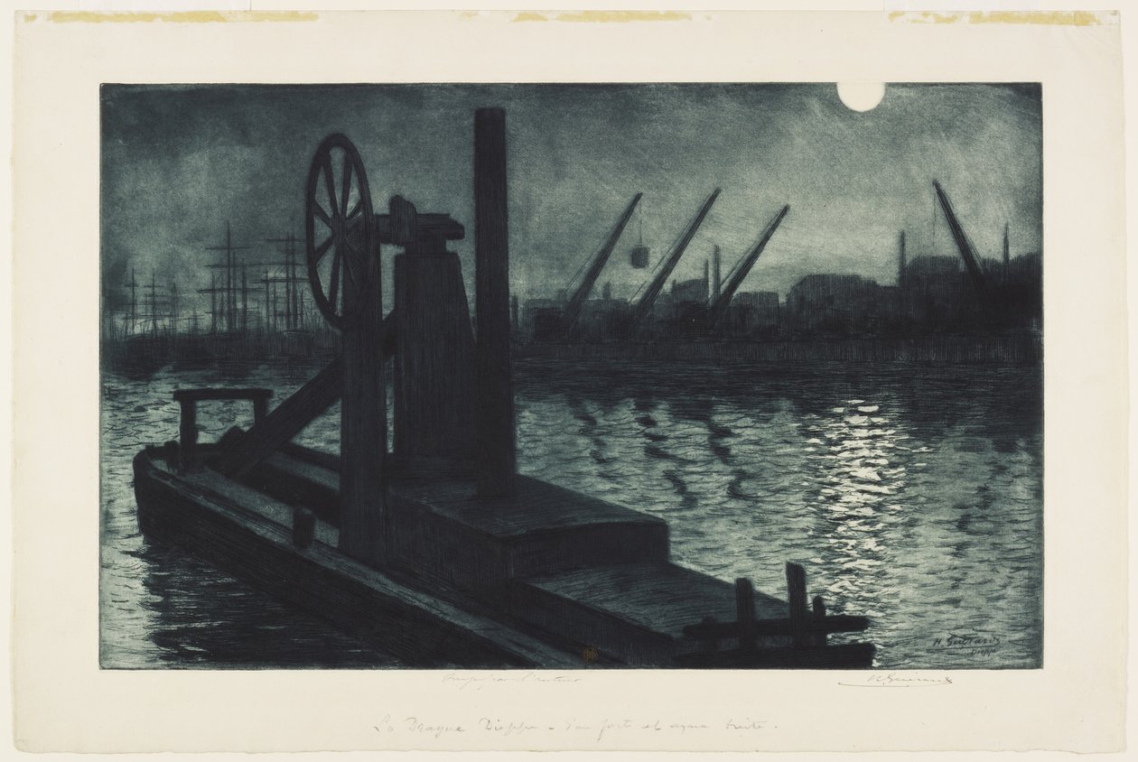 La Drague de Dieppe，约1885年（用黑色和蓝色墨水蚀刻和抛光浅绿色） 作者 亨利·查尔斯·瓜拉德