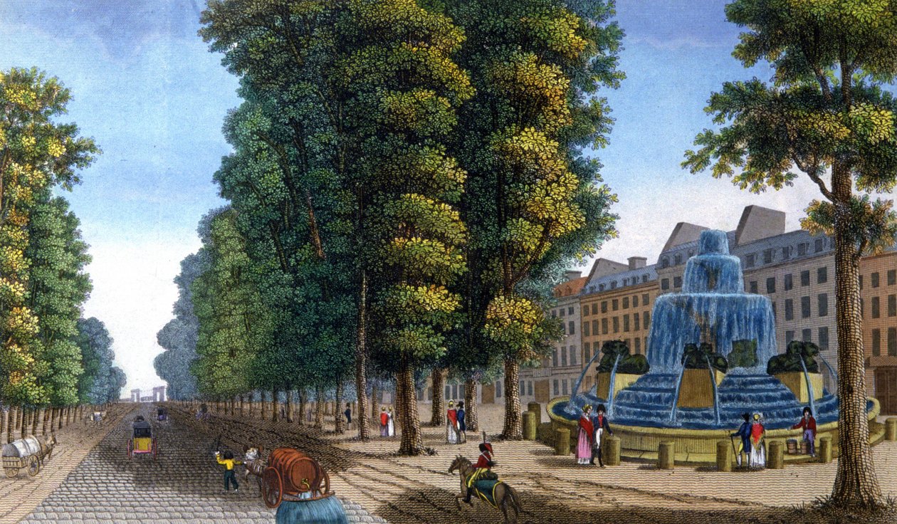 喷泉，圣马丁大道，约 1810-1820 年（版画） 作者 亨利·库沃西耶·沃辛（Henri Courvoisier-Voisin）