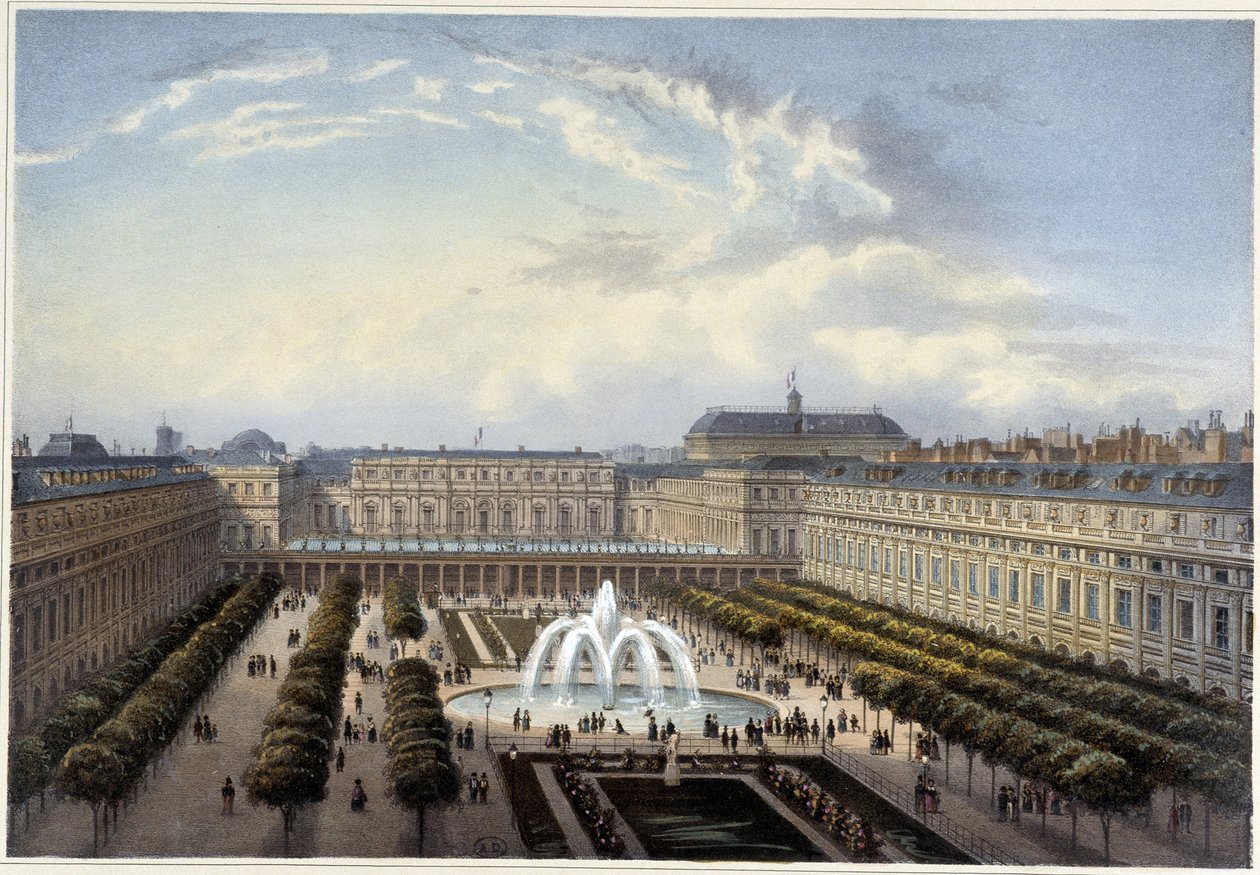 皇宫花园，约1820年，载于Courvoisier 1827年的《巴黎风光》。 作者 亨利·库沃西耶·沃辛（Henri Courvoisier-Voisin）