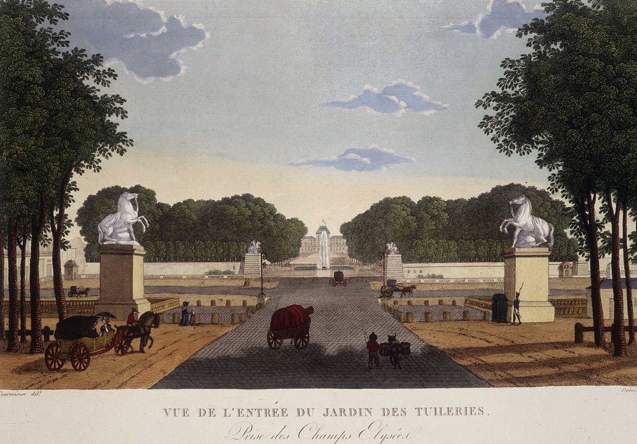 杜乐丽花园入口处的香榭丽舍大街景观，约1820年--载于库瓦西耶的《巴黎风景》。 作者 亨利·库沃西耶·沃辛（Henri Courvoisier-Voisin）