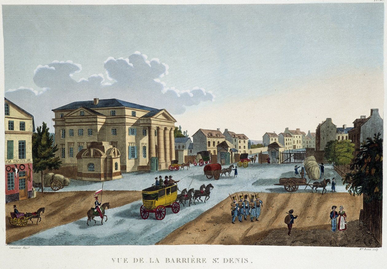 La barrier Saint-Denis，约1827年--载于Courvoisier的 "Vues de Paris"。 作者 亨利·库沃西耶·沃辛（Henri Courvoisier-Voisin）