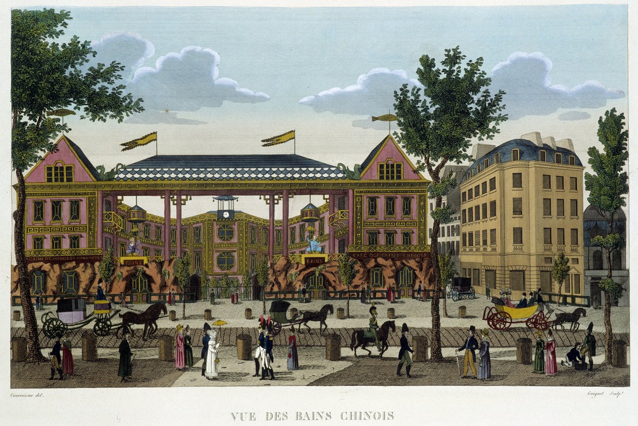 中国浴场，约1820年，载于Courvoisier 1827年的 "巴黎风景"。 作者 亨利·库沃西耶·沃辛（Henri Courvoisier-Voisin）