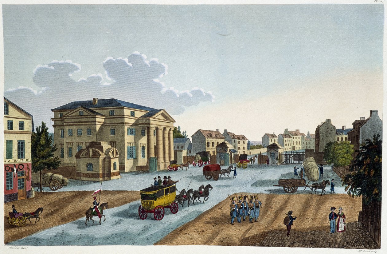 圣丹尼斯街（Barrière St Denis）的景象--载于库瓦西耶的《约1810年的巴黎风光：巴黎的壁垒》。 作者 亨利·库沃西耶·沃辛（Henri Courvoisier-Voisin）