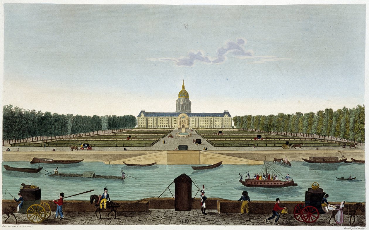 在塞纳河对岸（Cours la Reine）拍摄的Champ de Mars和Hôtel des Invalides的景色--载于Courvoisier的《Vues de Paris》。 作者 亨利·库沃西耶·沃辛（Henri Courvoisier-Voisin）
