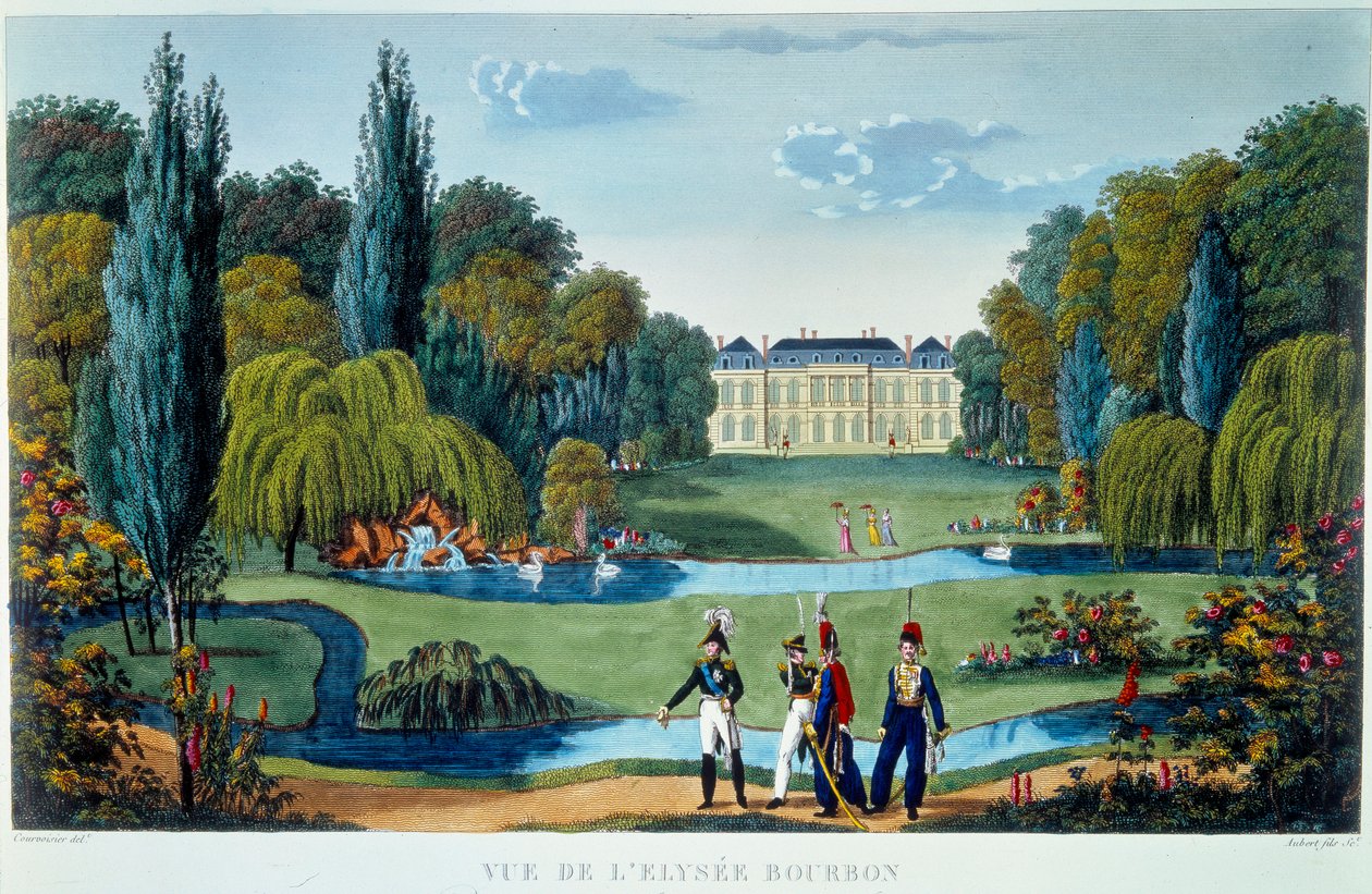 波旁爱丽舍宫（Elyse-Bourbon）和花园的景色。Courvoisier于1815-1820年绘制的版画，载于 "巴黎风景"。 作者 亨利·库沃西耶·沃辛（Henri Courvoisier-Voisin）