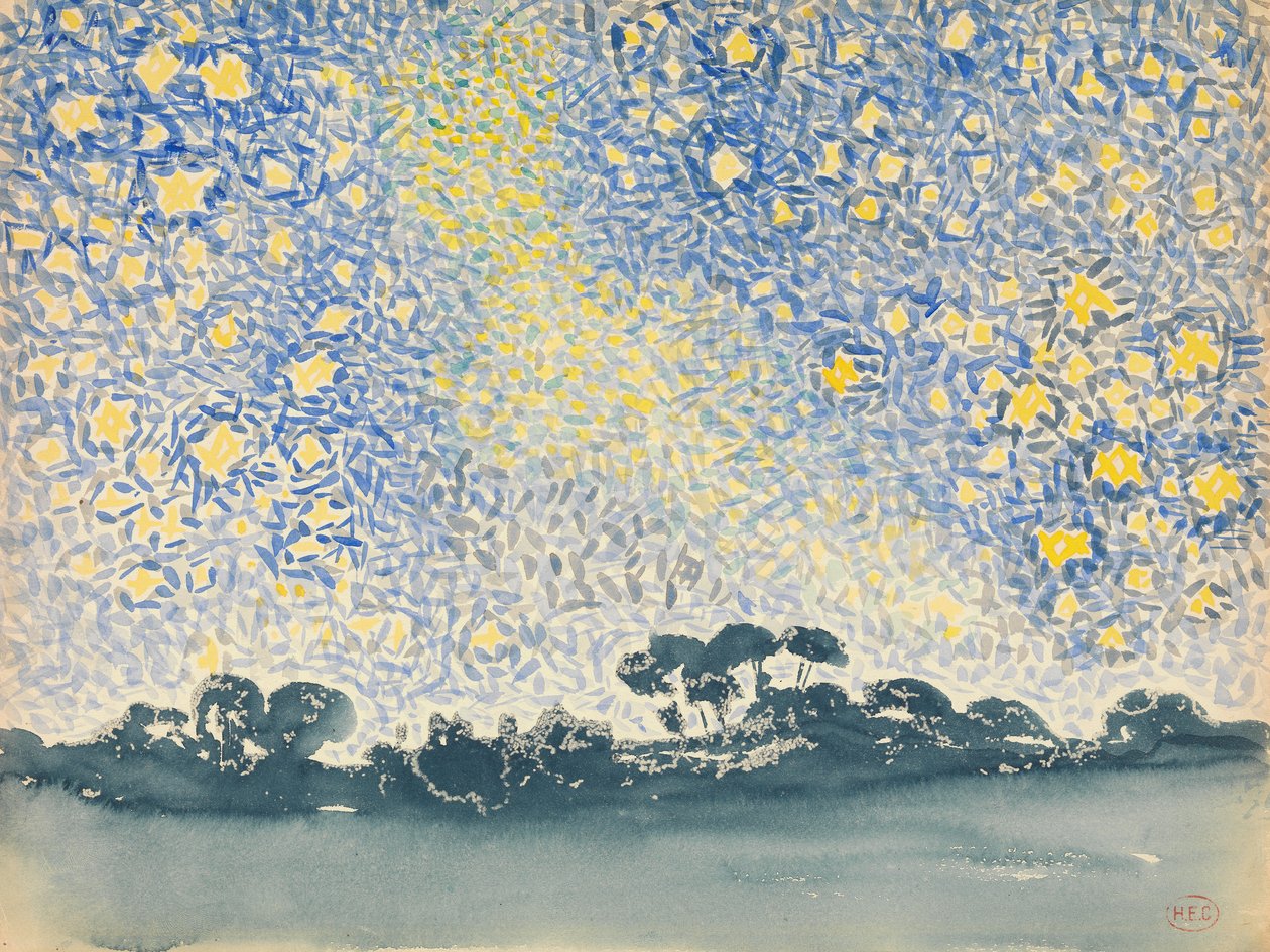 与星星的风景，c.1905-08（在白色编织纸上的石墨wc） 作者 亨利·埃德蒙·克罗斯